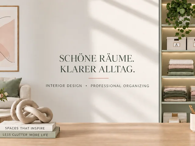 Schöne Räume. Klarer Alltag. Interior Design · Professional Organizing — Schriftzug auf heller Wand zwischen einem Wohnbereich mit Sofa und Olivenbaum und einem beleuchteten Regal mit beschrifteten Boxen und Kleiderstange